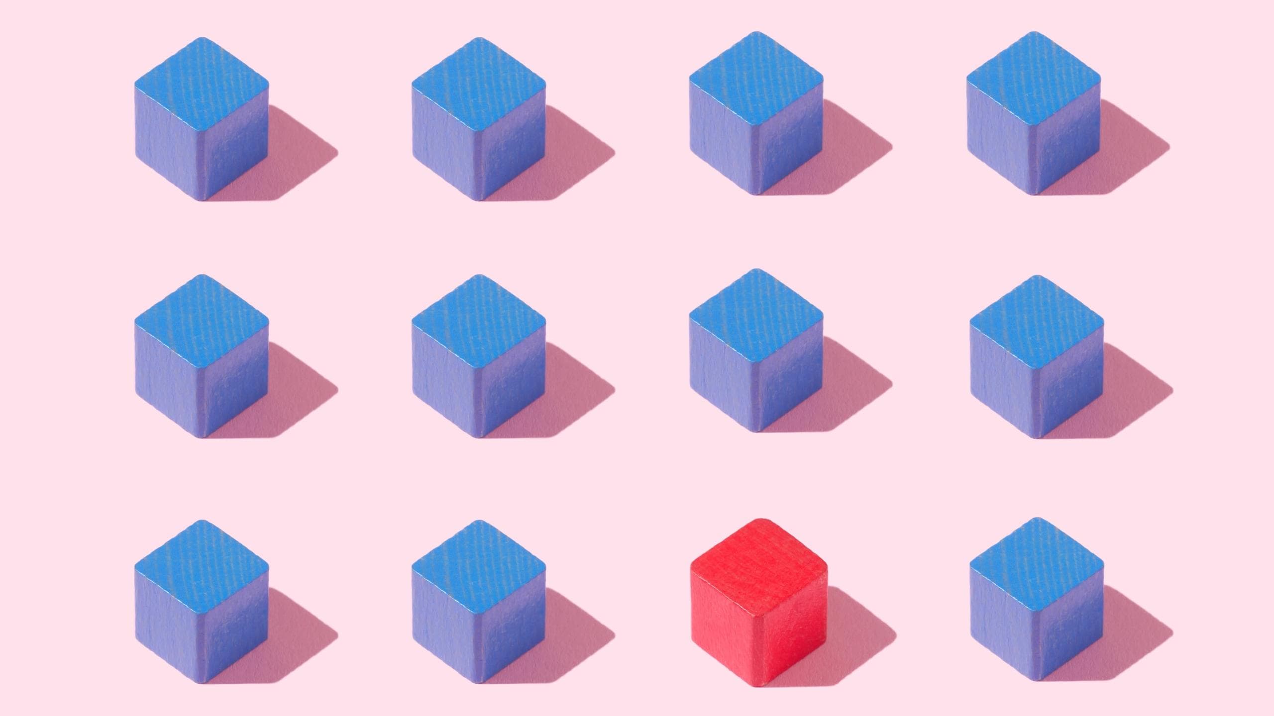 A grid of uniform blue interface blocks on a light background, with one contrasting red block highlighting visual emphasis and differentiation in a user interface layout.